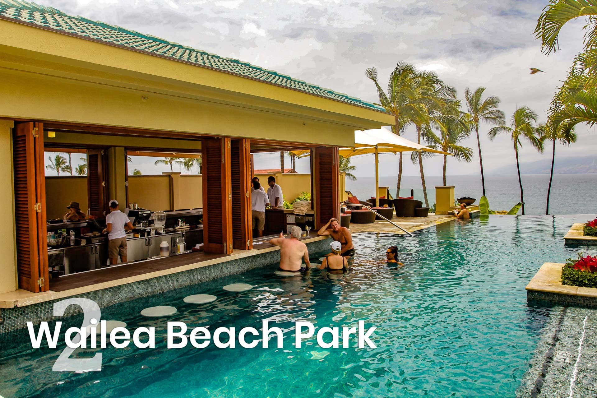 Wailea Four Seasons Pool Bar with text that says wailea beach park 